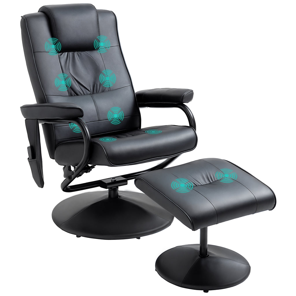 Relaxsessel mit Hocker, 360°drehbarer Fernsehsessel mit Massage, Liegefunktion, Massagesessel mit Seitentasche, TV-Sessel aus Kunstleder für Wohnzimmer Schwarz