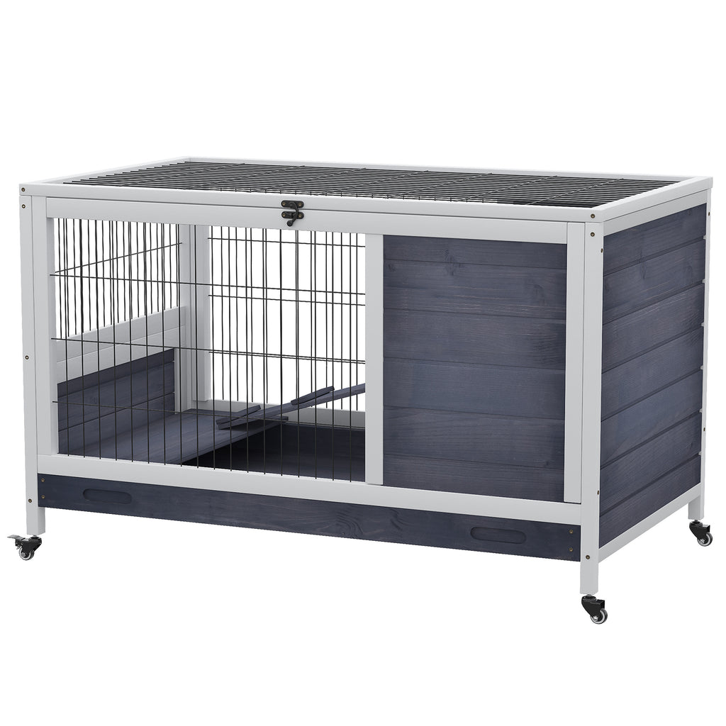 Wooden Guinea Pig Hutch, 2-Floor Bunny Cage w/ Enclosed Run Area, Grey