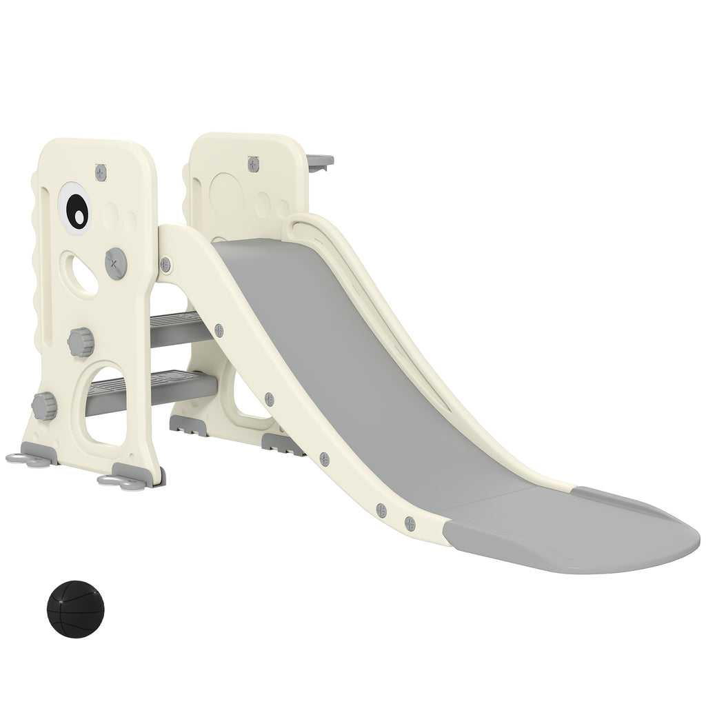 3 in 1 Kids Slide with Climber, Basketball Hoop and Ball, Foldable Indoor Toddler Slide for Ages 2-5, Cream White