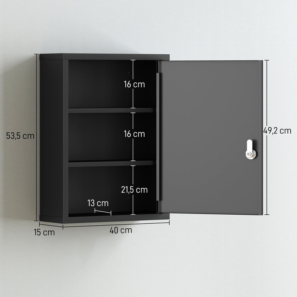 Medizinschrank zur Wandmontage mit Schloss, 3-stufiger Stahl-Wandschrank, 40 x 15 x 53,5 cm, Schwarz