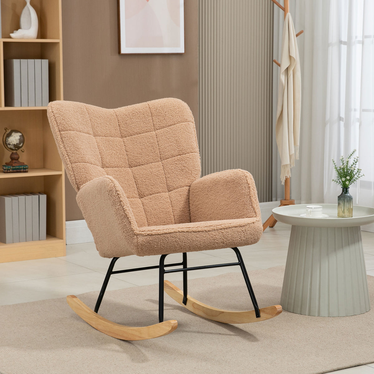 Schaukelstuhl im Retro-Design, Massivholz, Sessel, Relaxsessel, 98 cm x 71 cm x 101 cm, Braun