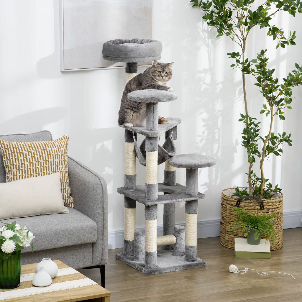 Katzenbaum Katzenkratzbaum Katzenspielturm Katzen Kletterbaum Kratzbaum Hängematte Grau L40 x B40 x H132 cm
