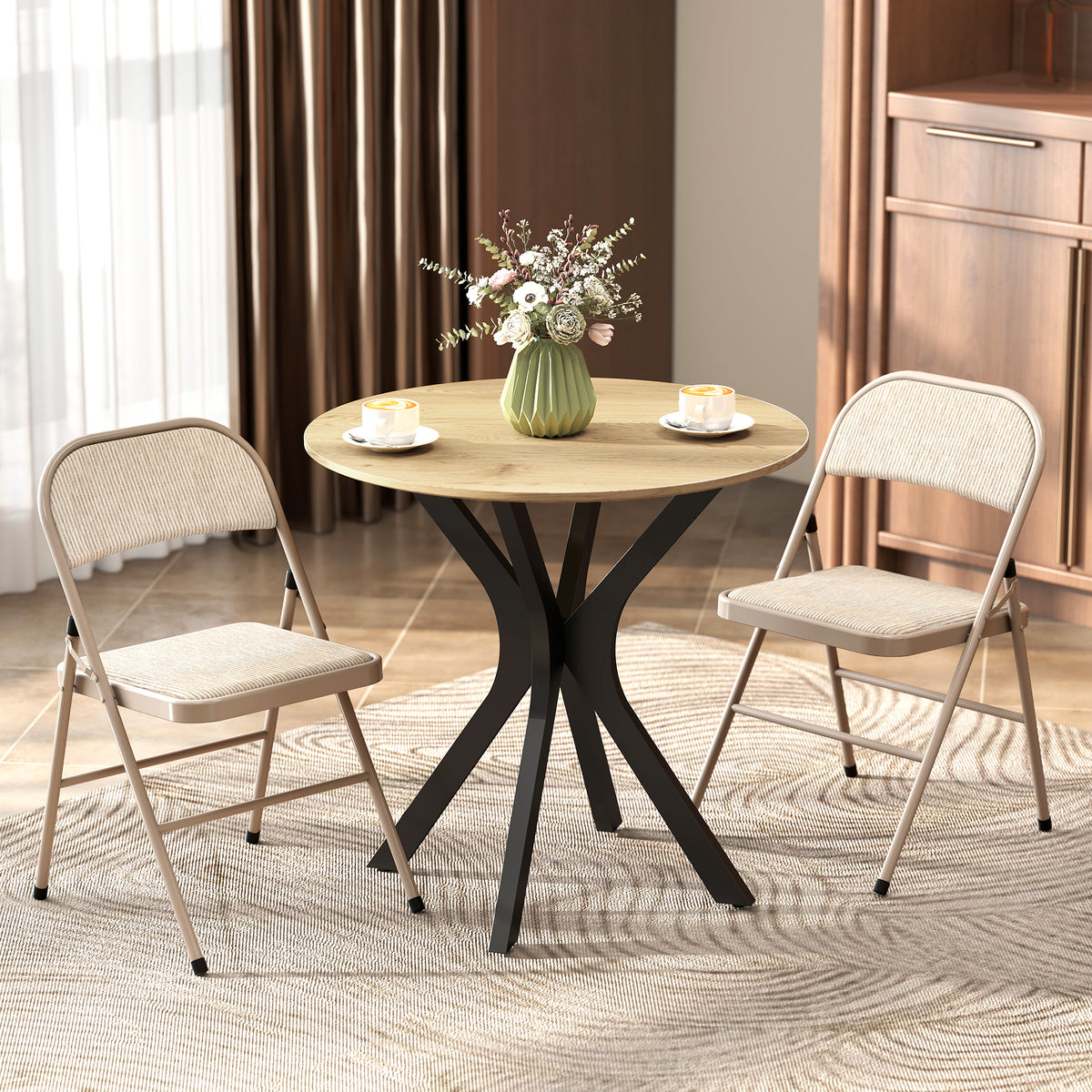 2er-Set Klappstühle, Tragbare Bürostühle, Metallbeine, Faltstuhl für Büro, Empfang, Wartezimmer, Leinenoptik, Beige