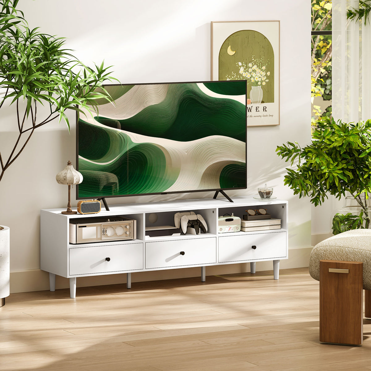 TV-Kommode, TV-St?nder f¨¹r 75-Zoll-Bildschirme, 3 offene F?cher, 3 Schubladen, Spanplatte, Wei?