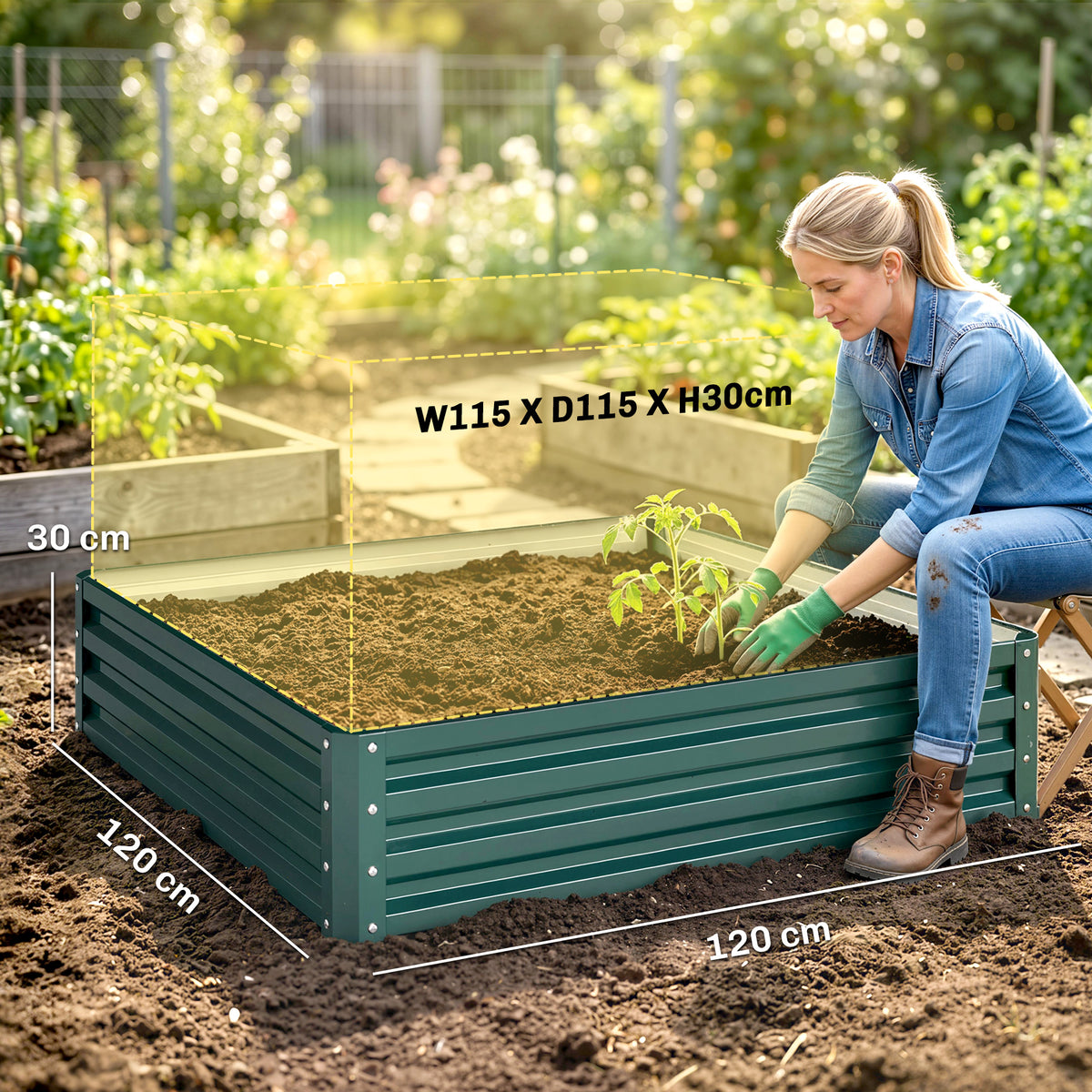 Square Raised Garden Bed Box with Weatherized Steel Frame for Vegetables, Flowers, & Herbs, 120 x 120 x 30cm, Green