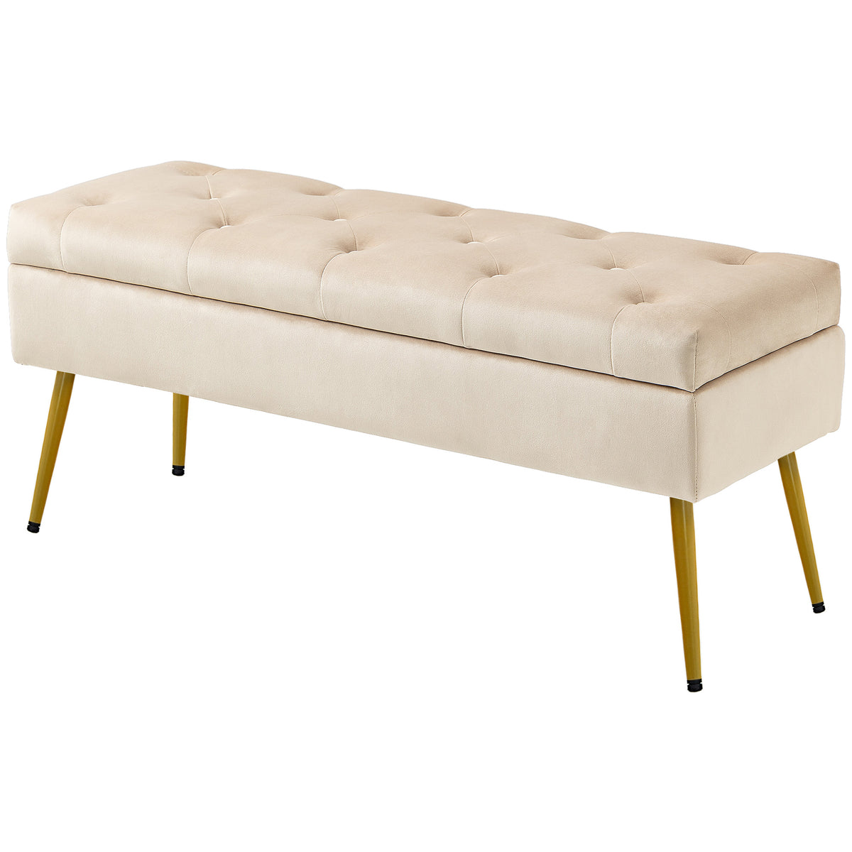 Stauraum-Sitzbank in Samtoptik, gepolsterter Fu?hocker mit getuftetem Design, Metallrahmen, 102 x 35 x 43 cm, Beige