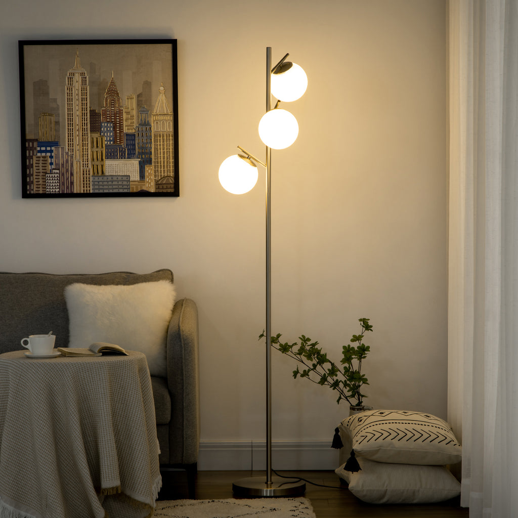Stehlampe mit 3 Lampenschirmen aus Glas, E 27, Fußschalter, Silber + Weiß