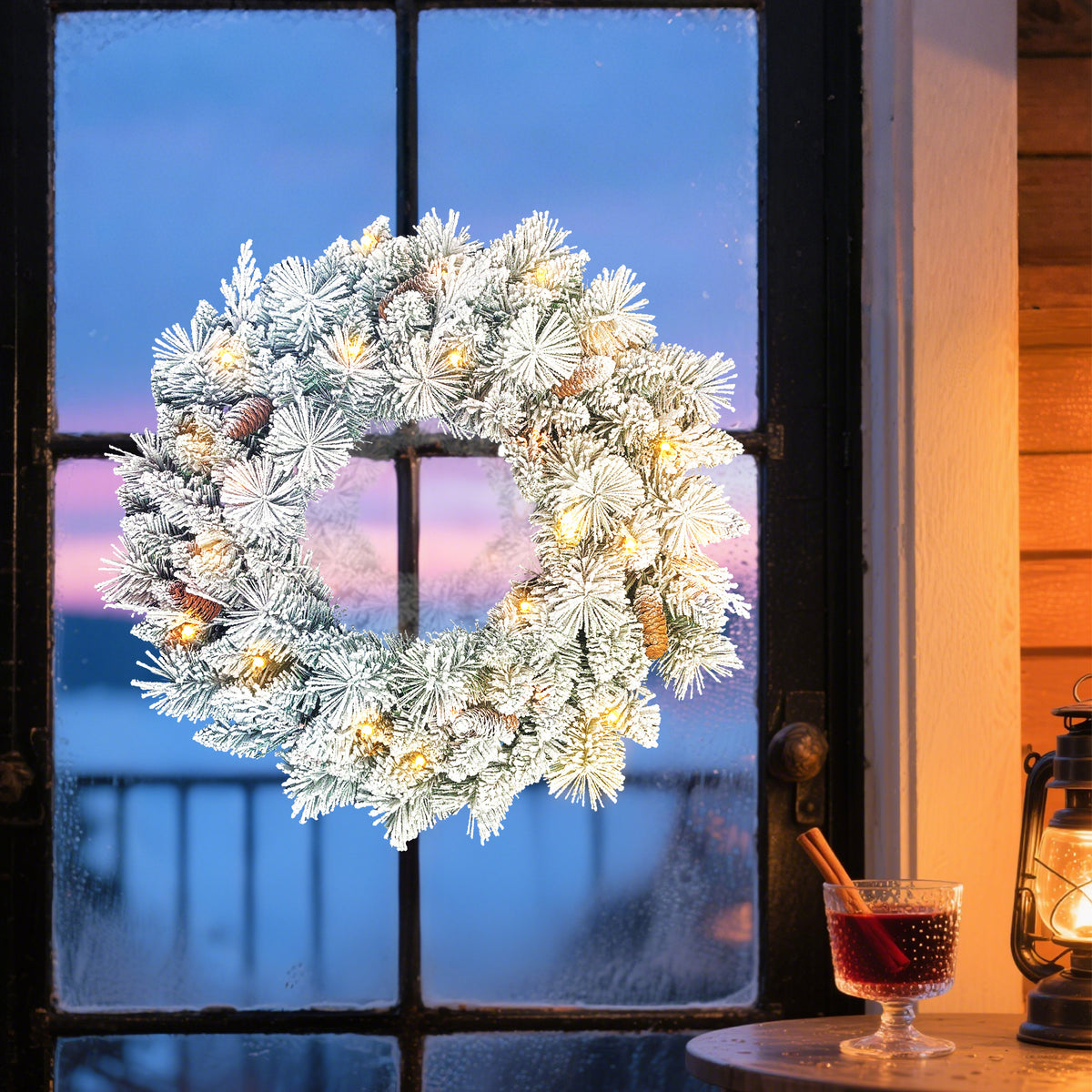 Tannenkranz Weihnachtskranz mit LED-Lichterkette, Tannenzapfen, Türkranz Grün+Weiß, Ø60 x 8 cm