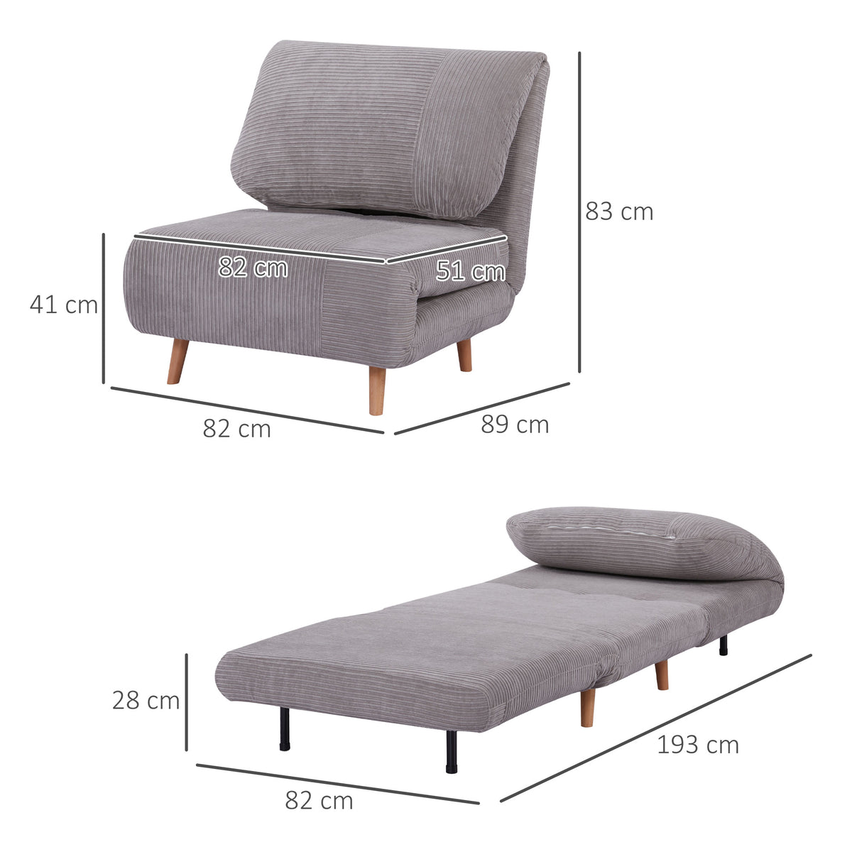 2-in-1 Schlafsessel G?stebett, verstellbare Kopfst¨¹tze Cord-Optik 82 cm x 87 cm x 89 cm Grau