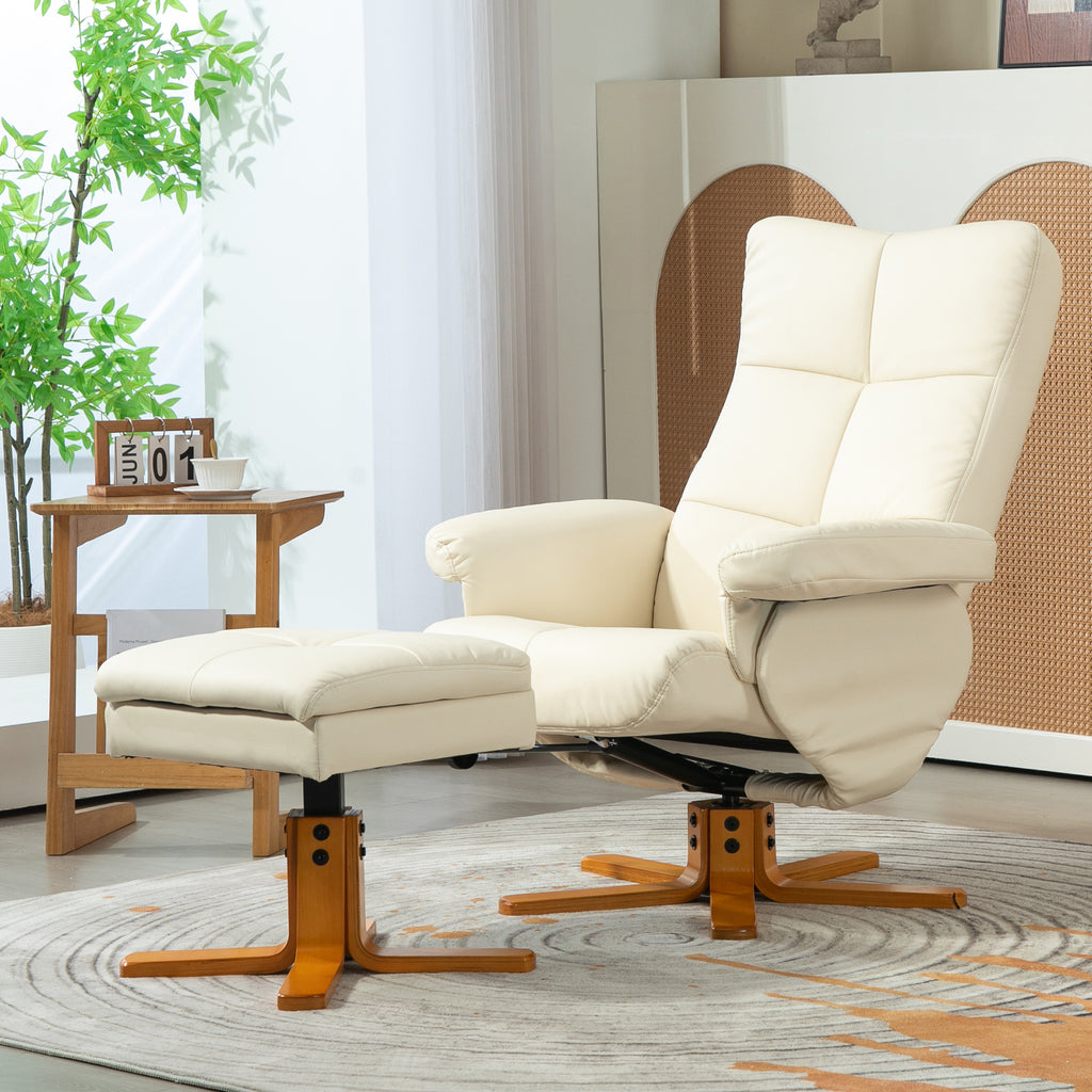Relaxsessel mit Hocker, 145° neigbare Rückenlehne, 360° drehbar, Kunstleder, Cremeweiß