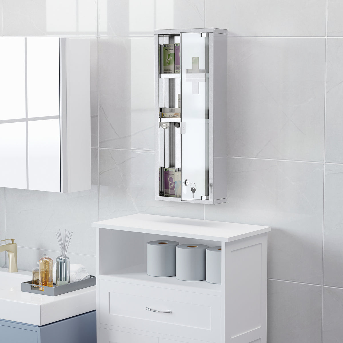 Medizinschrank aus Edelstahl und gehärtete Glastür Arzneischrank zur Medikamenten-Aufbewahrung, Abschließbar Medikamentenschrank mit 3 Fächern, Erste Hilfe Schrank, 20 x 12 x 58 cm, Silber