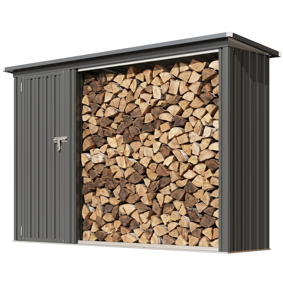2-in-1 Kaminholzregal Außen verzinkter Stahl 235 x 67 x 149 cm Brennholzregal mit Geräteschrank Schrägdach Dunkelgrau