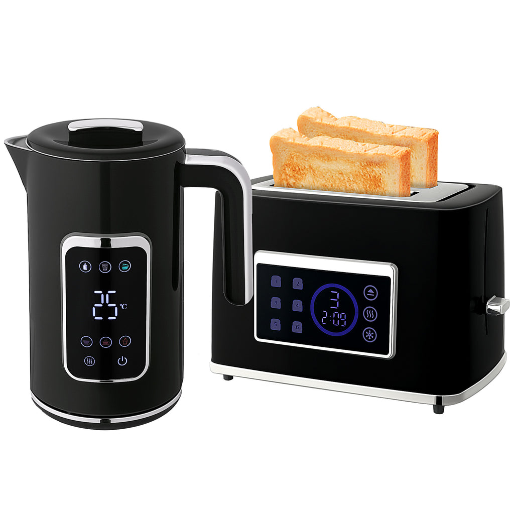 Wasserkocher und Toaster-Set mit LED-Touchscreen, 1,7 L, 2 Toasterschlitze, verschiedene Modi und Funktionen, Schwarz