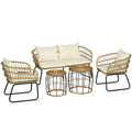 Rattansitzgruppe Lounge-Set Outdoor-Sitzgruppe, Boho-Stil, 5-teilges Set, 145 x 70 x 78 cm, Creme + Natur + Schwarz