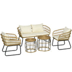 Rattansitzgruppe Lounge-Set Outdoor-Sitzgruppe, Boho-Stil, 5-teilges Set, 145 x 70 x 78 cm, Creme + Natur + Schwarz