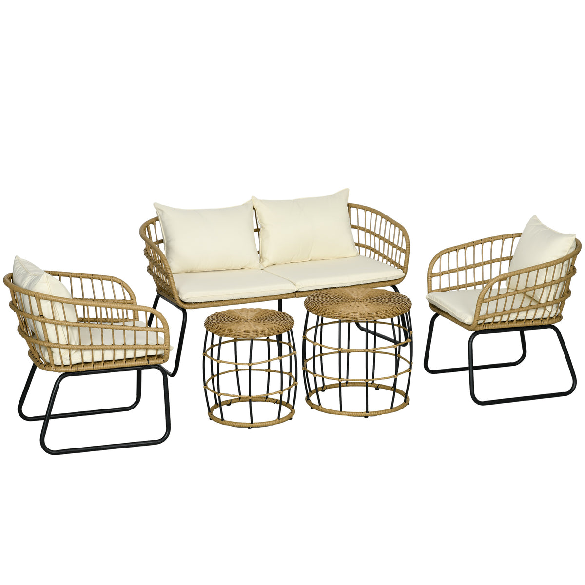 Rattansitzgruppe Lounge-Set Outdoor-Sitzgruppe, Boho-Stil, 5-teilges Set, 145 x 70 x 78 cm, Creme + Natur + Schwarz