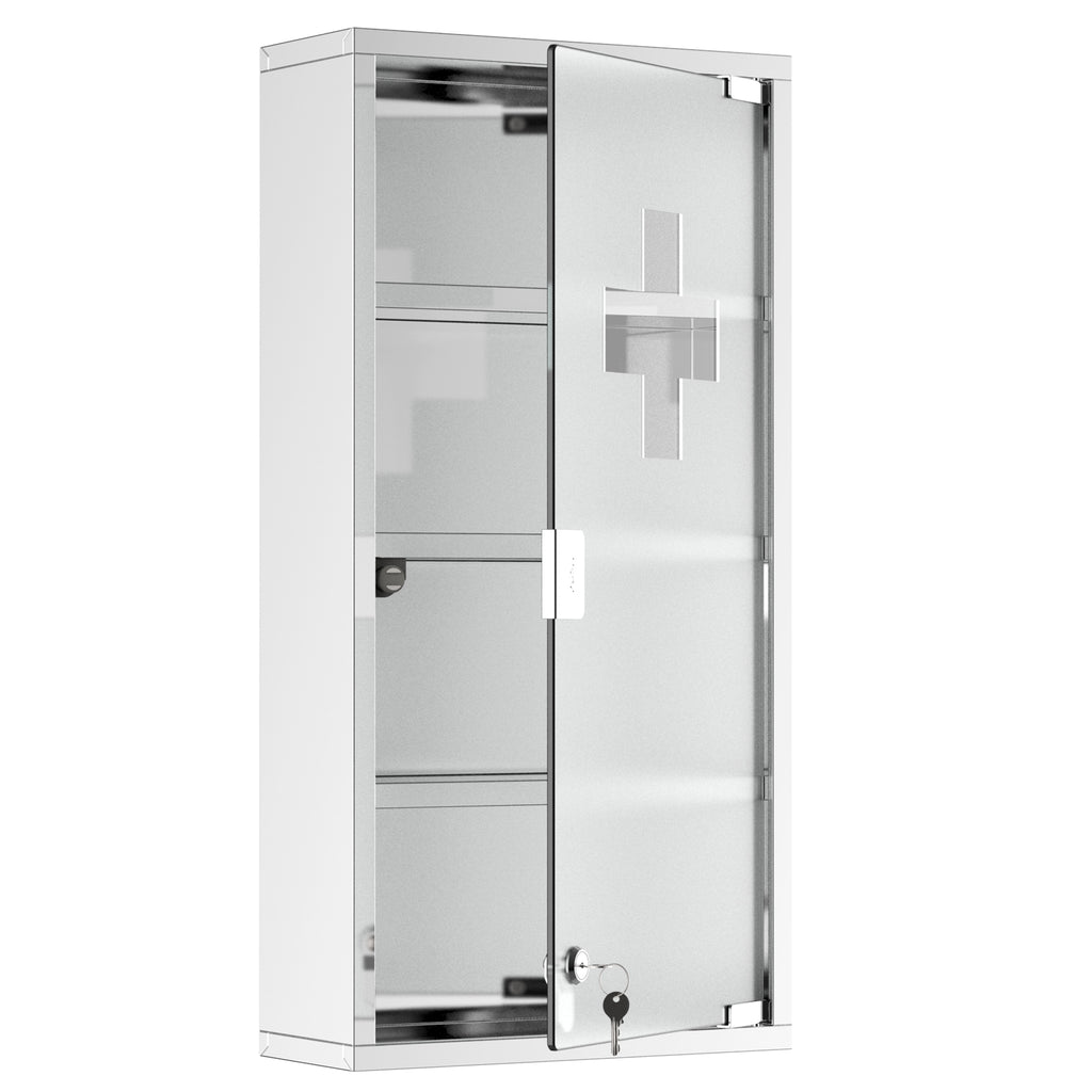  4 Tier Stainless Steel Wall Mounted Medicine Cabinet Glass Lockable Door Storage Shelves Houseware Bathroom Furniture 60Hx30Wx12D(cm) w/2 Keys