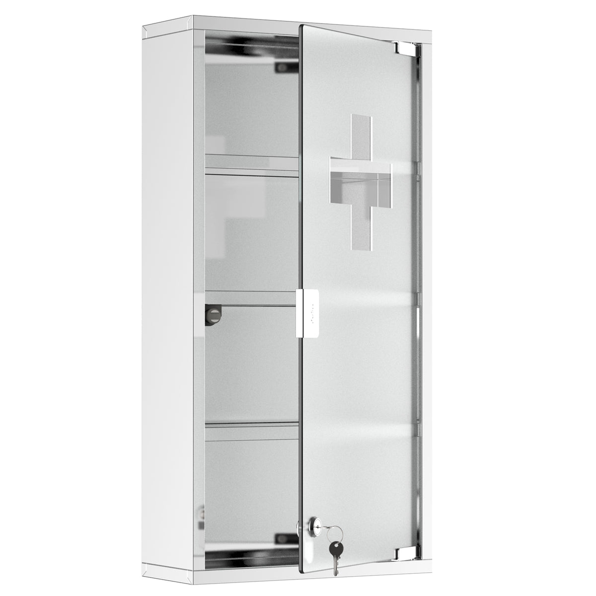  4 Tier Stainless Steel Wall Mounted Medicine Cabinet Glass Lockable Door Storage Shelves Houseware Bathroom Furniture 60Hx30Wx12D(cm) w/2 Keys