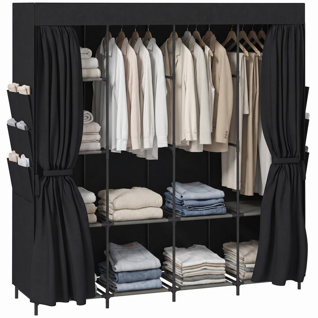 Stoff-Kleiderschrank, staubdicht, tragbar, 5 Kleiderstangen, 170 x 45 x 167 cm, Schwarz