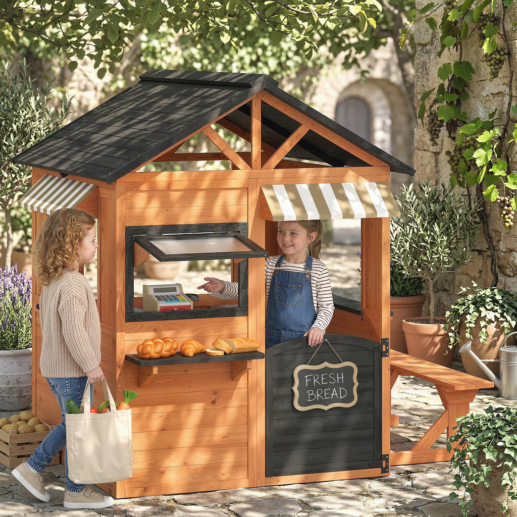 Kinderspielhaus Holz Spielhaus Outdoor mit Küche Bank Verkaufstheke Fenster Tür für 3-8 Jahre 171,5 x 146 x 156 cm Braun