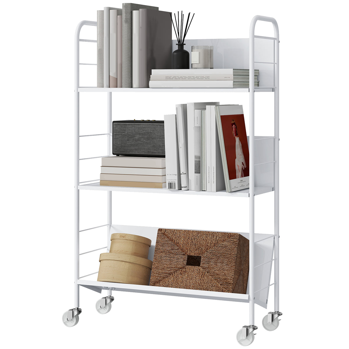 Bücherregal Aufbewahrungsregal mit 3 Ebenen, Rädern, Spielzeugregal für Schlafzimmer, 69 x 26 x 108 cm, Weiß