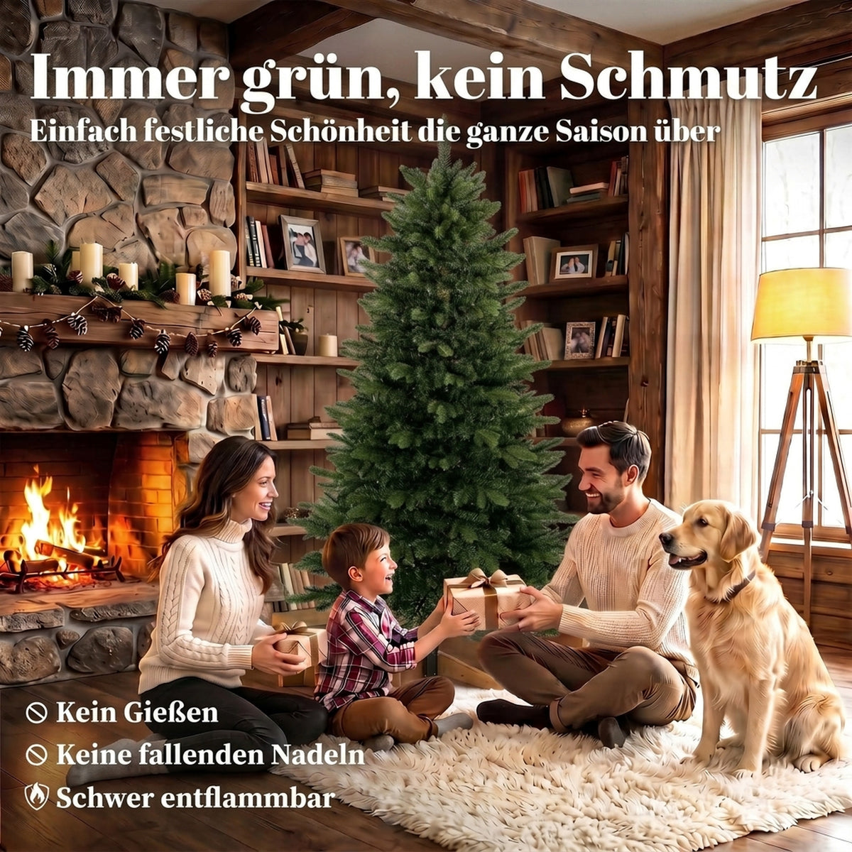 Künstlicher Weihnachtsbaum 180 cm, Fraser-Tanne mit Holzständer, 988 realistische Zweigspitzen für Zuhause und Büro, Grün
