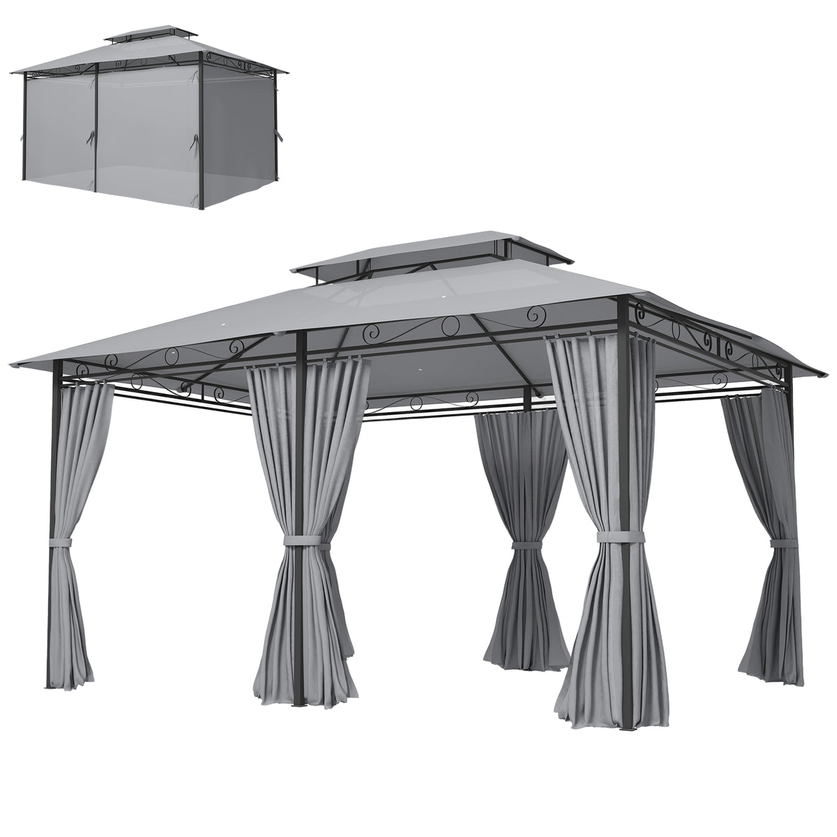 Gartenpavillon, Outdoor Pavillon mit Vorhängen, belüftetem Dach, Dunkelgrau