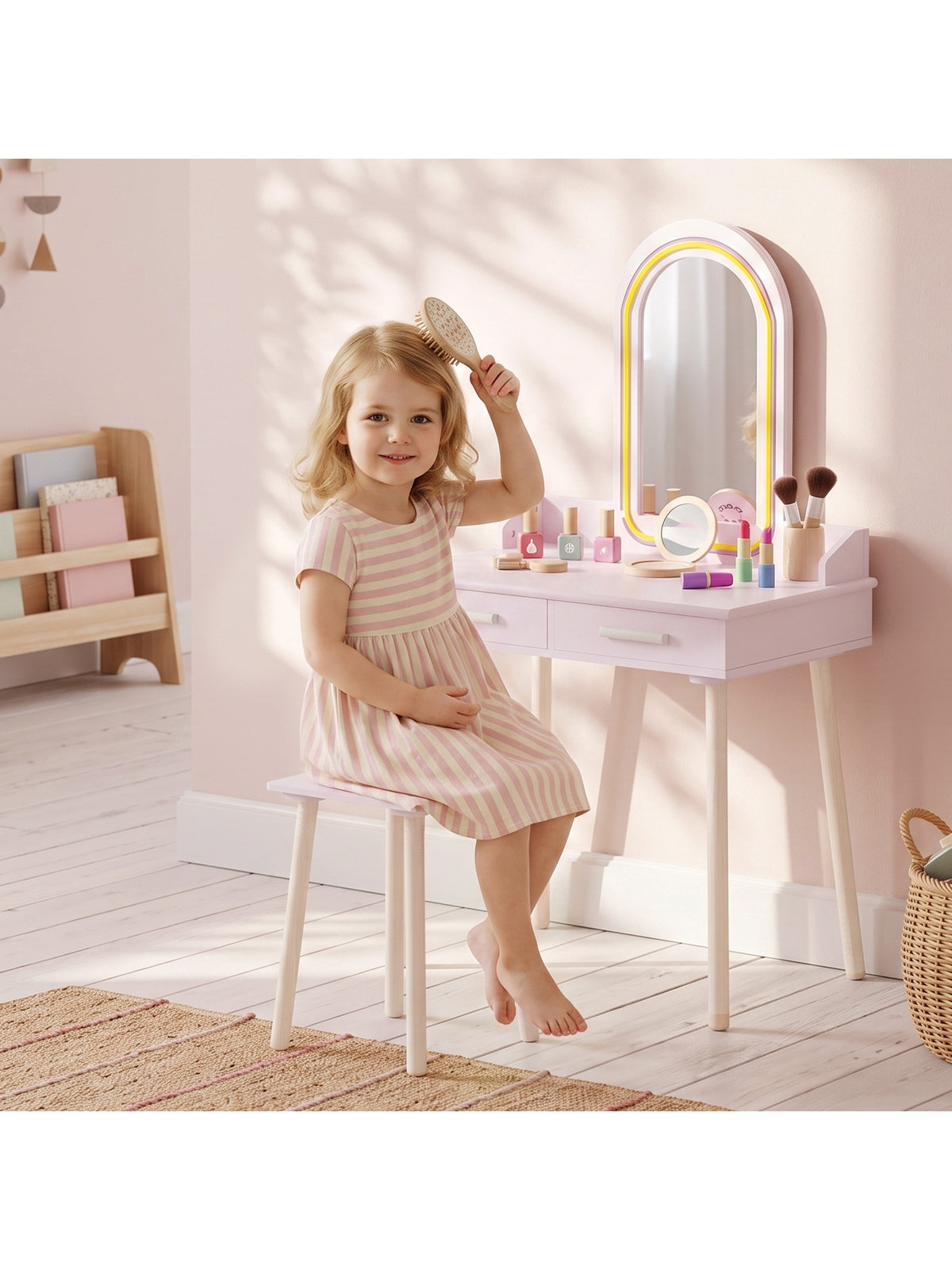 Kinder Schminktisch Set 2 in 1 mit LED-Spiegel für Mädchen Rosa
