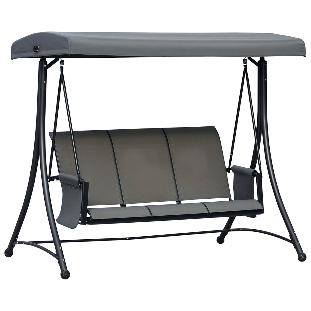 3 Person Outdoor Patio Porch Swing Chair with High Back Design, Side Pouches and Adjustable Canopy, Charcoal Grey