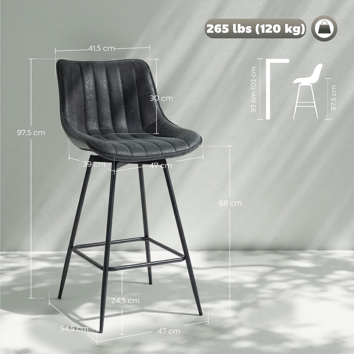 Barhocker 2er Set, 68 cm drehbare Tresenhocker mit Rückenlehne für Kücheninsel, Esszimmer, Schwarz