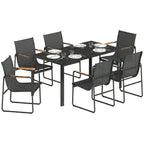 Gartenmöbel Set Sitzgruppe 150 x 80cm Glastisch mit 6 Atmungsaktiven Stühlen Dekorative Armlehnen Schwarz