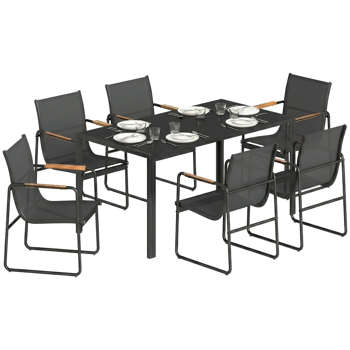 Gartenmöbel Set Sitzgruppe 150 x 80cm Glastisch mit 6 Atmungsaktiven Stühlen Dekorative Armlehnen Schwarz