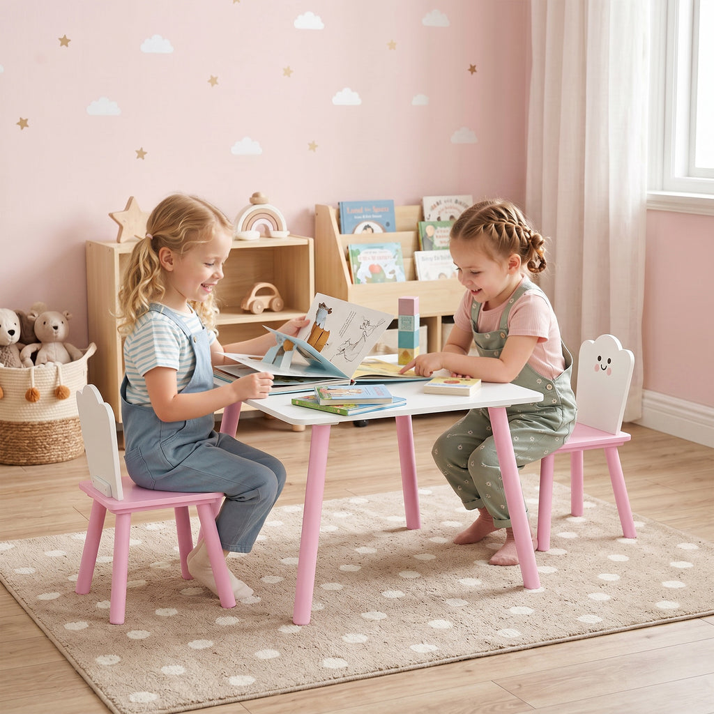 Kindertisch und Stuhl Set 3-teilig, 1 Tisch 2 Stühle, Rosa und Weiß