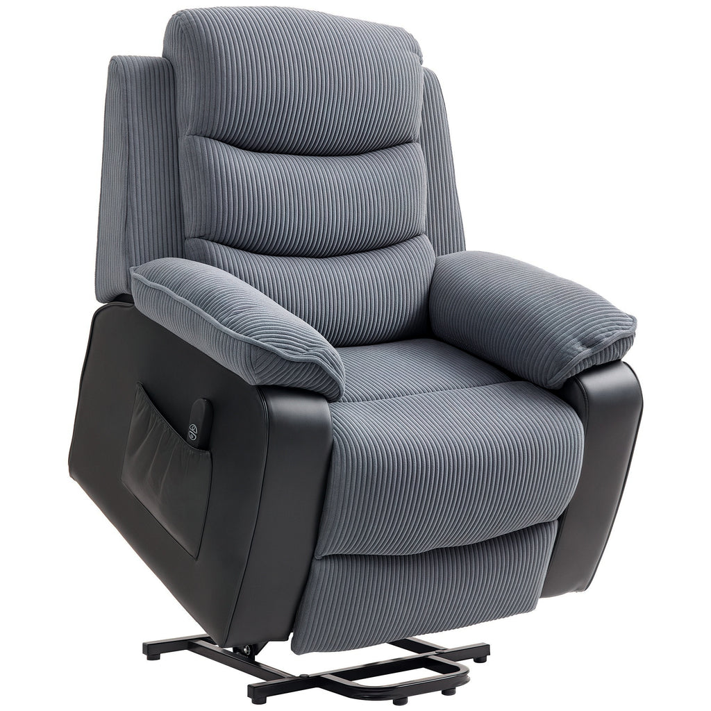 Aufstehsessel mit weichem Cordbezug, Recliner-Sessel mit Fernbedienung und Seitentaschen, Dunkelgrau