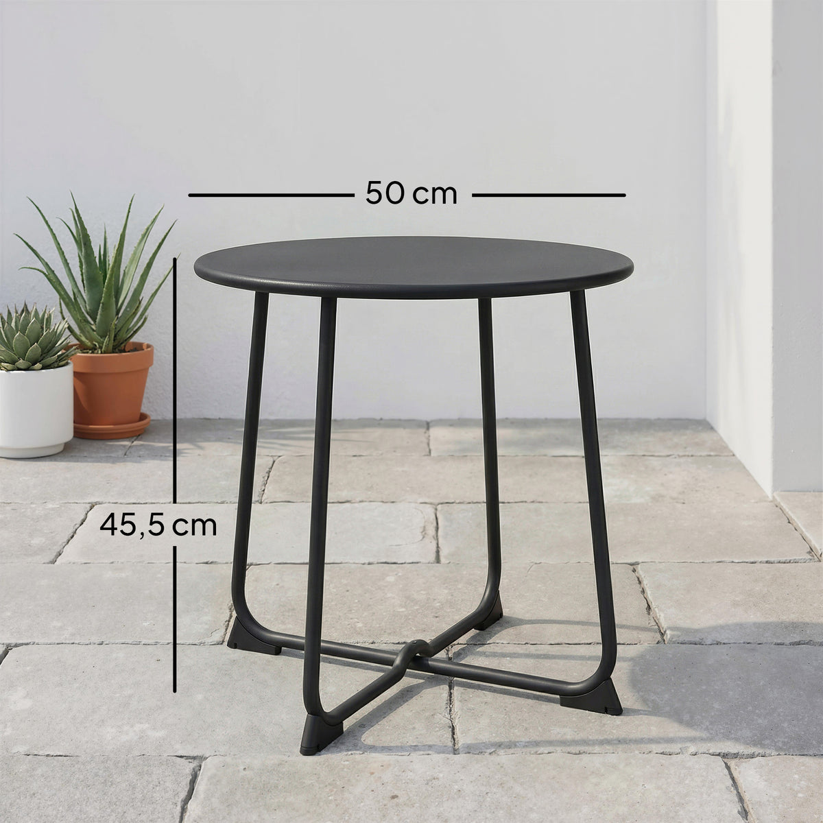 50 cm Runder Outdoor-Tisch, Metall Gartencouchtisch mit X-förmigem Gestell und rutschfesten Füßen, Schwarz