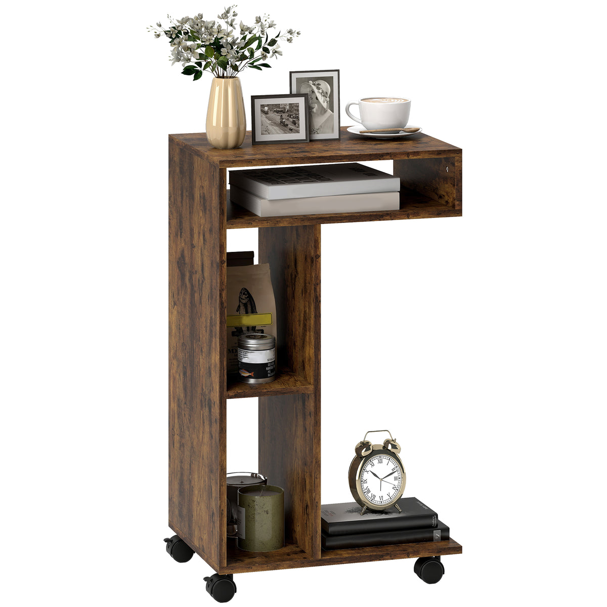 Beistelltisch, C-f?rmiger Servierwagen, 4 Rollen, 3 F?cher, 40 x 30 x 69 cm, Rustikal-Braun