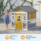 Spielhaus Wetterfestes Kinderspielhaus aus Holz mit Tür 6 Fenster 2 Blumenkästen 2 Blumenständern für 3-8 Jahre Grau