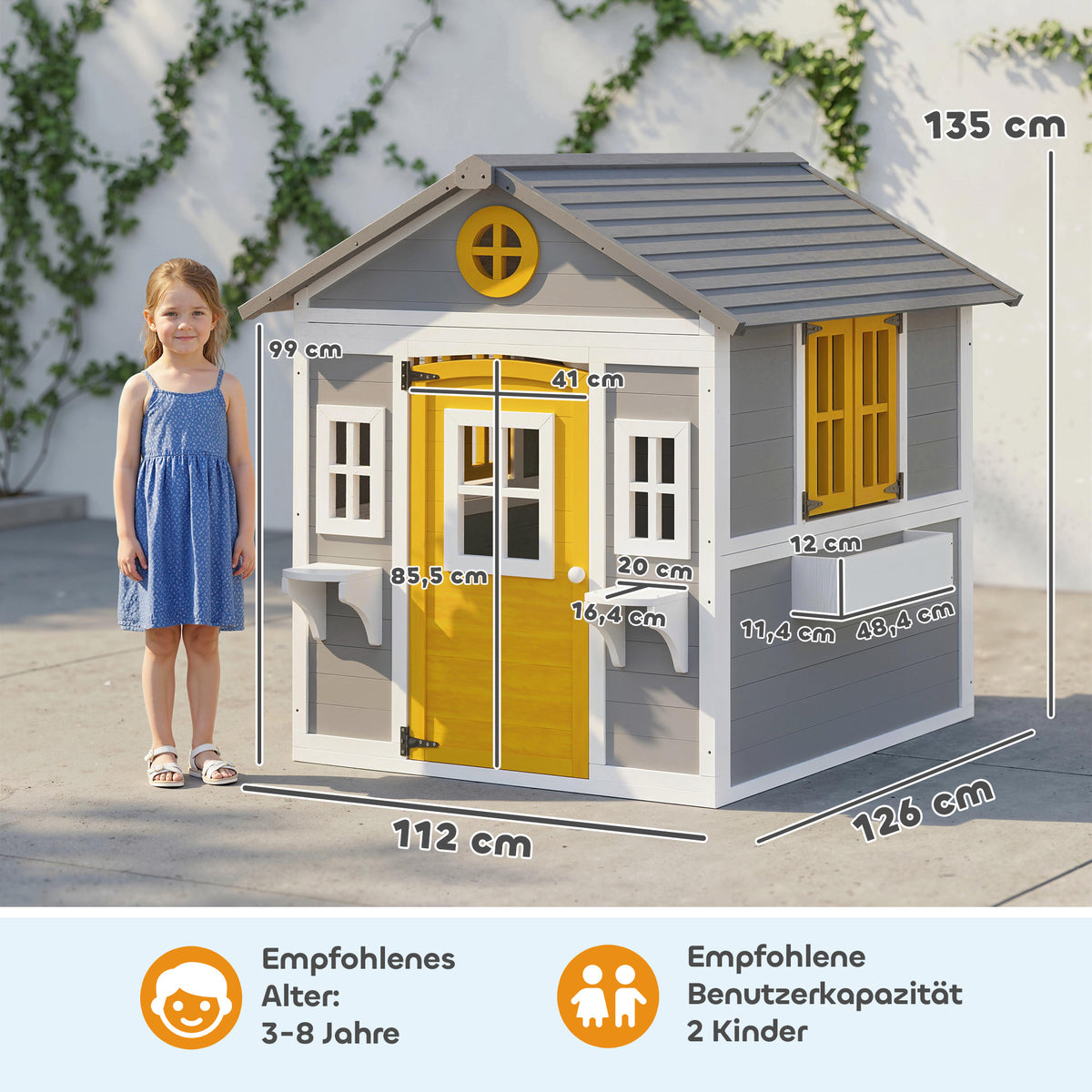 Spielhaus Wetterfestes Kinderspielhaus aus Holz mit Tür 6 Fenster 2 Blumenkästen 2 Blumenständern für 3-8 Jahre Grau