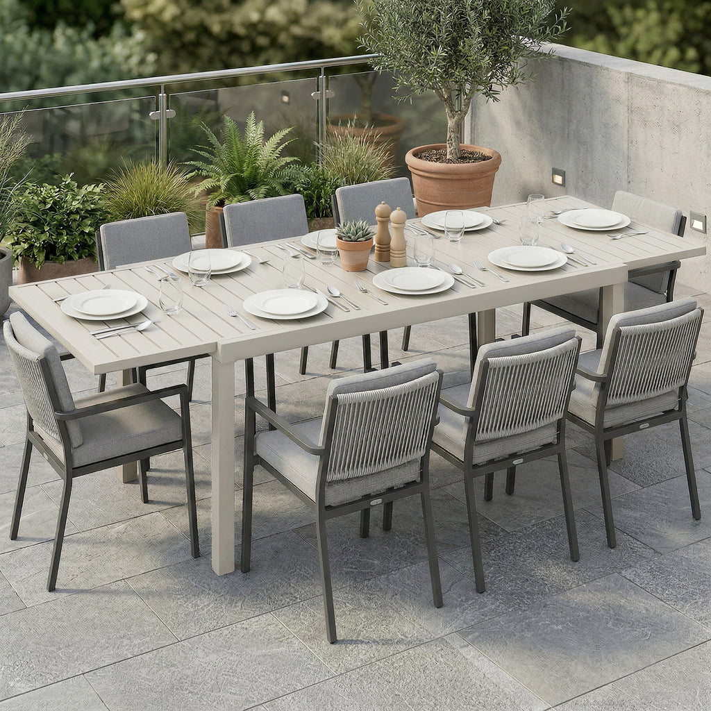 Gartentisch Ausziehbarer 150/225 x 85 cm Aluminium Esstisch für 6-8 Personen, Rechteckig Lamellenoptik