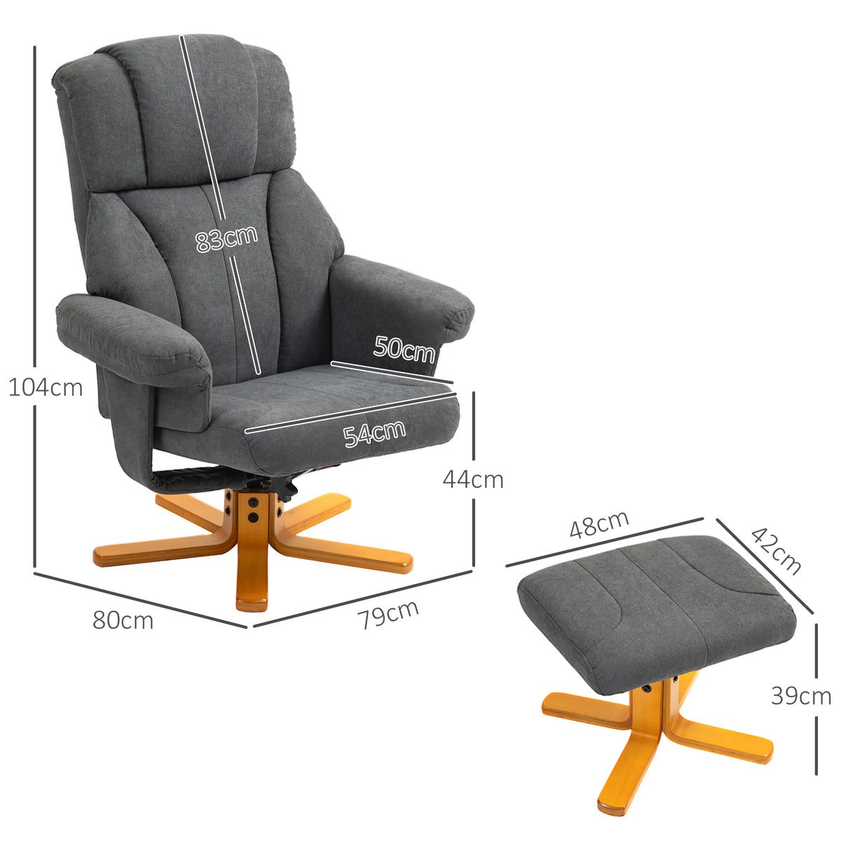 Verstellbarer Sessel mit Fußhocker mit hoher Lehne und Holzrahmen für Wohnzimmer, Schlafzimmer, Dunkelgrau