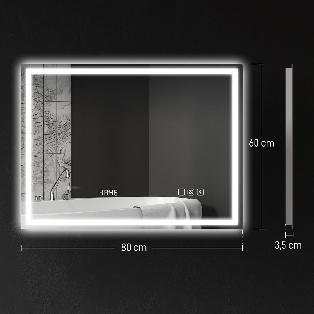 Badezimmerspiegel mit LED-Beleuchtung, Anti-Beschlags-Pad, 3 verstellbare Farben, Uhr, 600 x 800 mm, Silberfarben