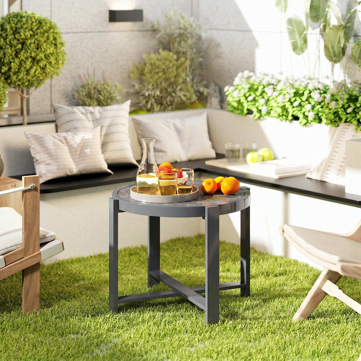 Beistelltisch Gartentisch Rund wetterfest Aluminium Balkontisch mit Marmoroptik Grau