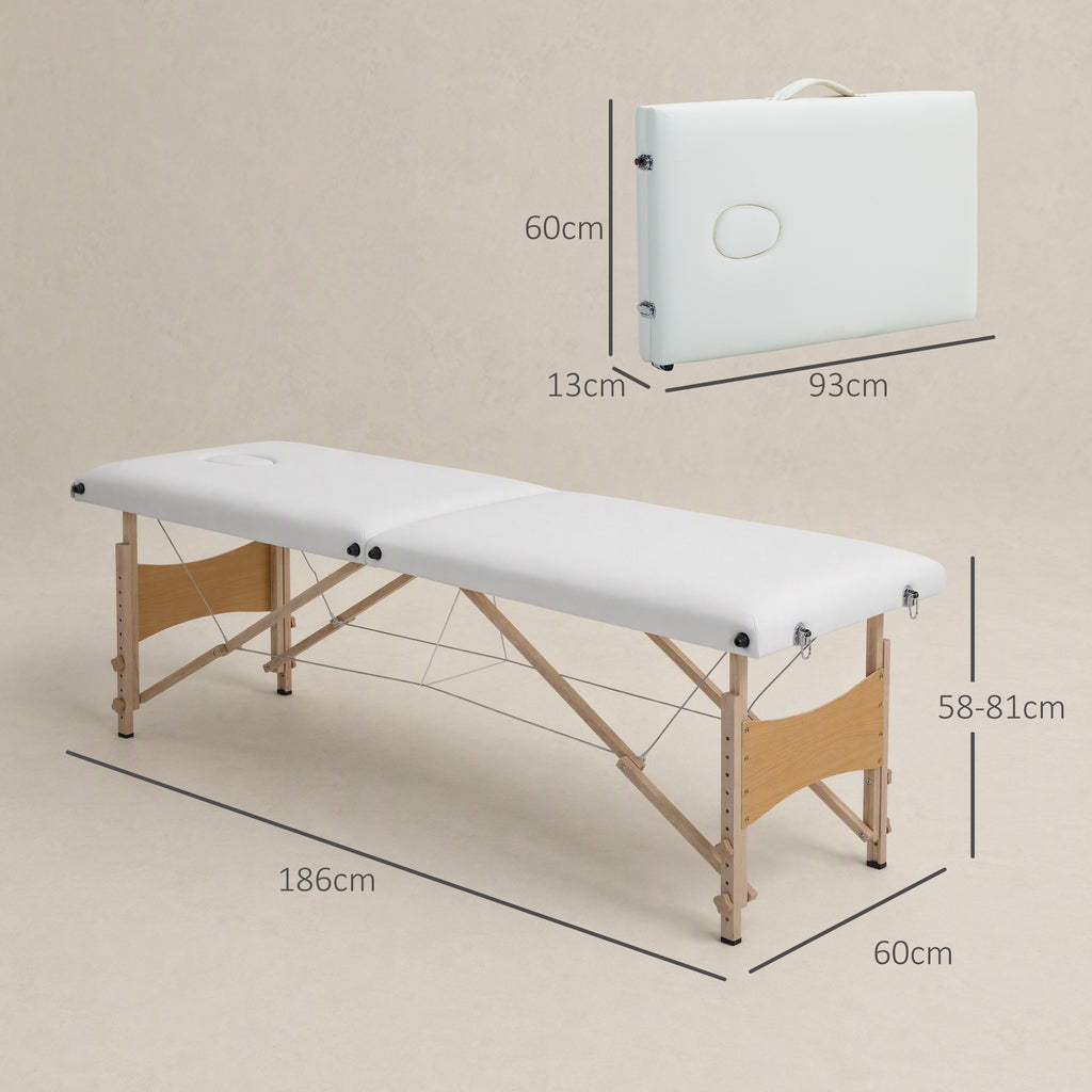 Mobile Massageliege 2 Zonen Klappbar Höhenverstellbar Massagetisch 60 cm Breit mit Tragetasche Holzfüßen Cremeweiß