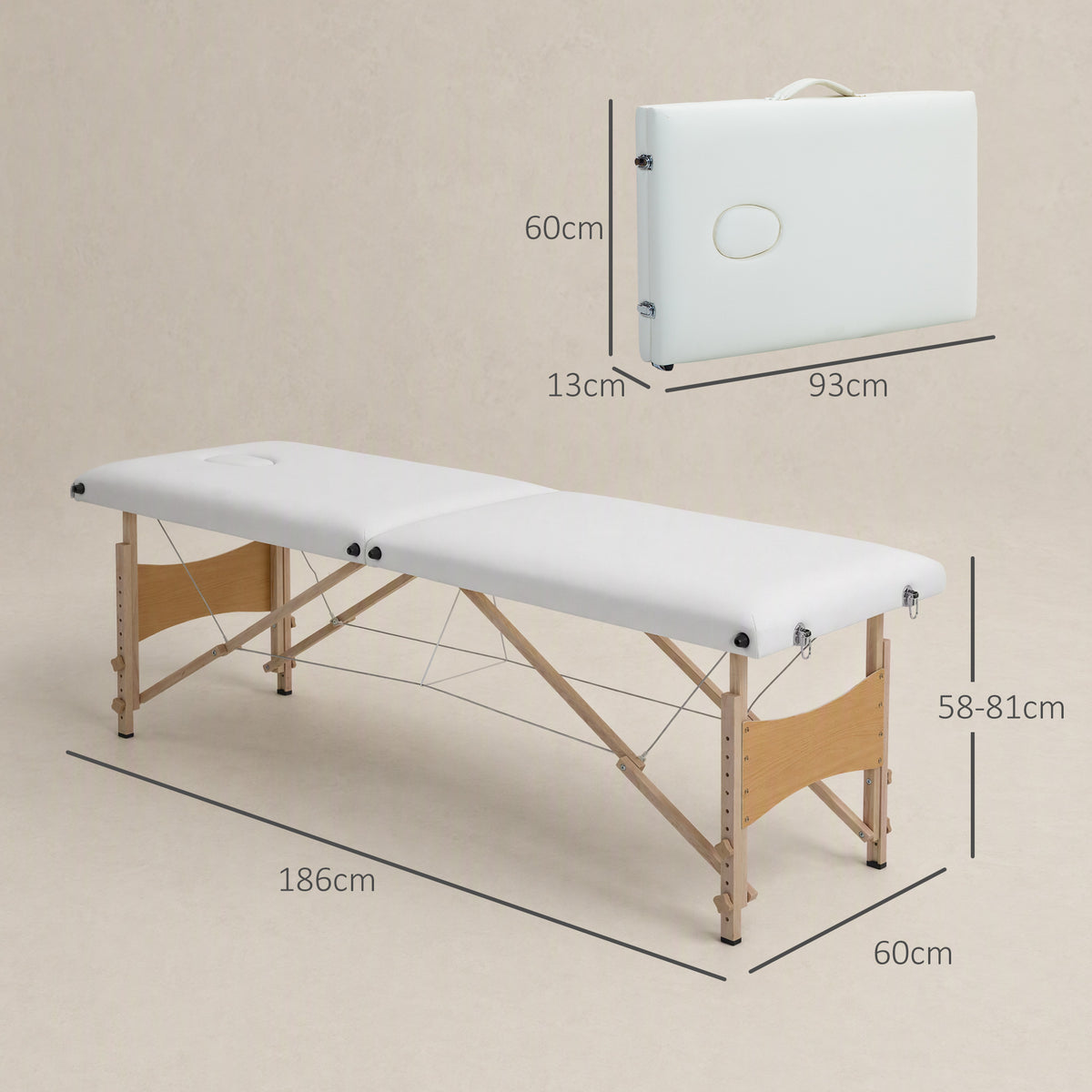 Mobile Massageliege 2 Zonen Klappbar Höhenverstellbar Massagetisch 60 cm Breit mit Tragetasche Holzfüßen Cremeweiß