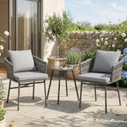 3-teiliges Außenmöbel-Set, 2 Stühle, 1 Tisch, Bistro-Set, Kunst-Rattan, Stahlrahmen, Metalltisch, 4 Kissen, Grau