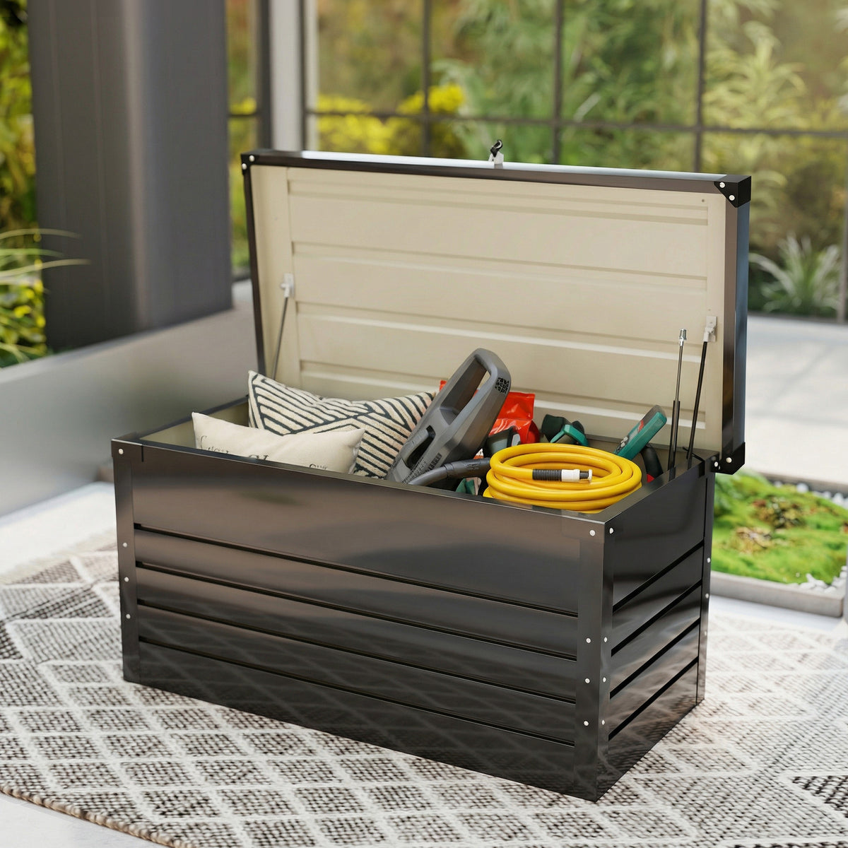Gartenbox Metall 350L Kissenbox mit doppelwandig Deckel 120 x 61 x 62 cm Wasserdicht Abschließbar Grau