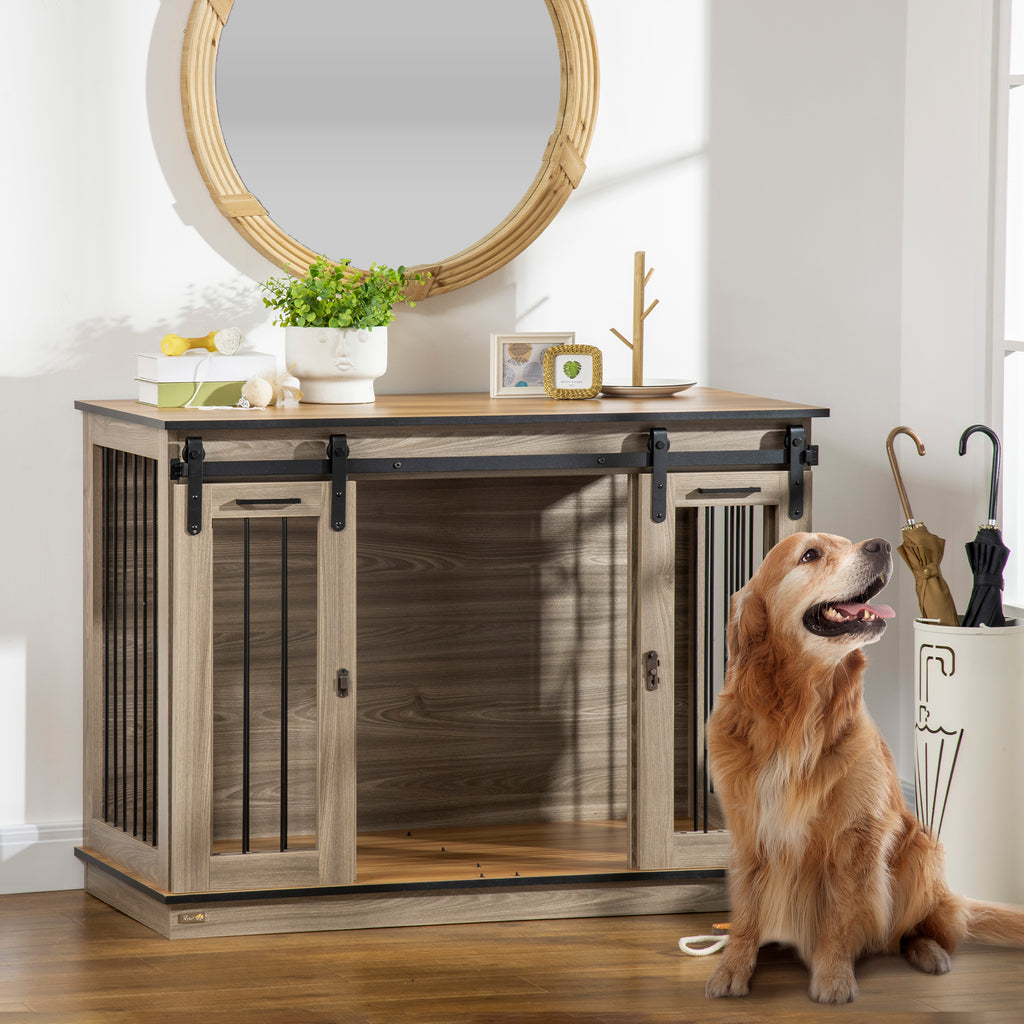 Dog Crate Furniture for Large Dogs, Double Dog Cage for Small Dogs w/ Sliding Doors, Oak Tone