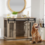 Dog Crate Furniture for Large Dogs, Double Dog Cage for Small Dogs w/ Sliding Doors, Oak Tone
