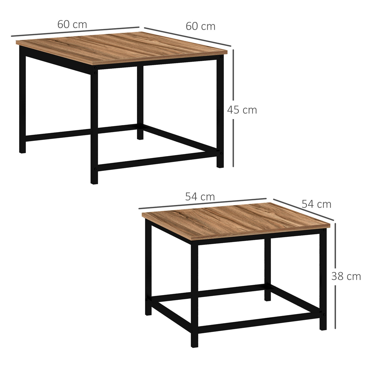 Satztisch-Set aus 2 Beistelltischen, Industrial Design, schwarzer Stahlrahmen, Tischplatte in Holzoptik
