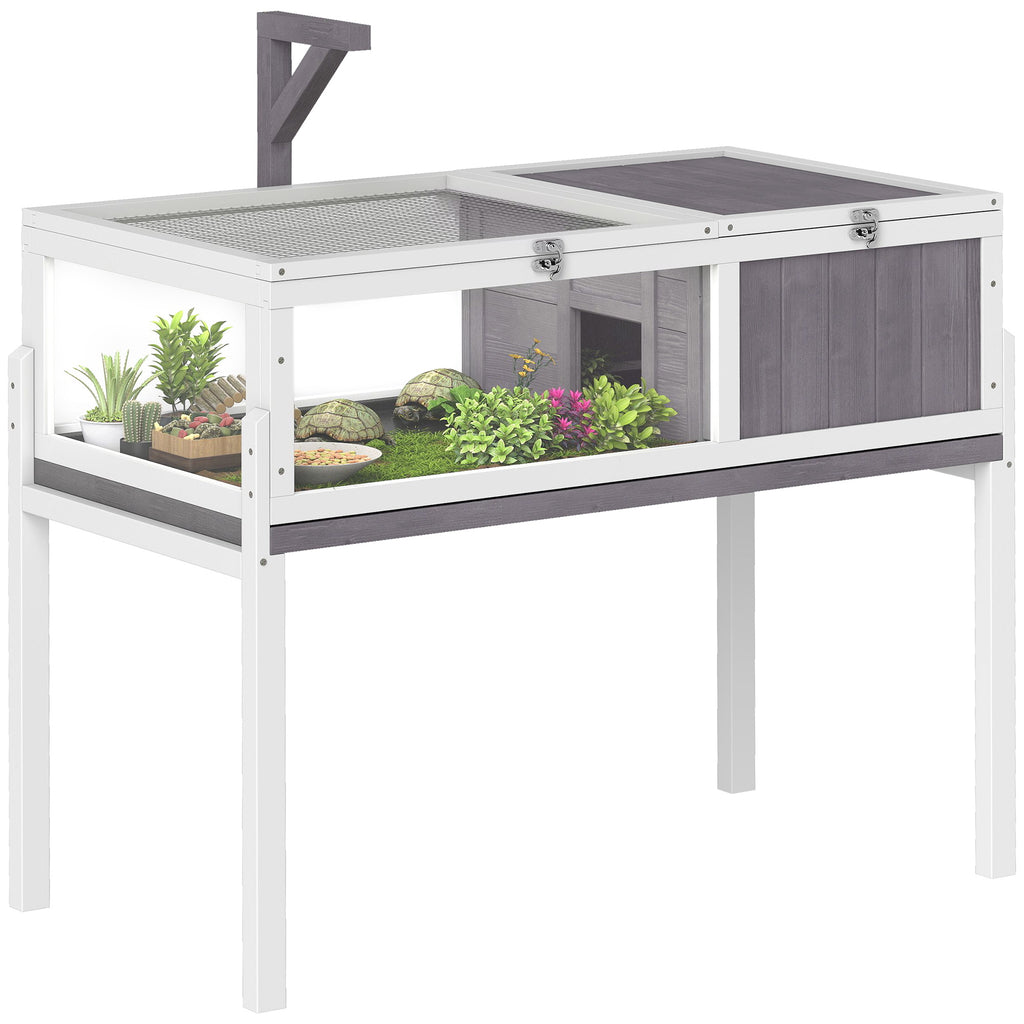 Wooden Tortoise House with Dual-Zone Habitat, Clear Panels, Openable Top, Metal Mesh, for Tortoises and Small Pets, Grey